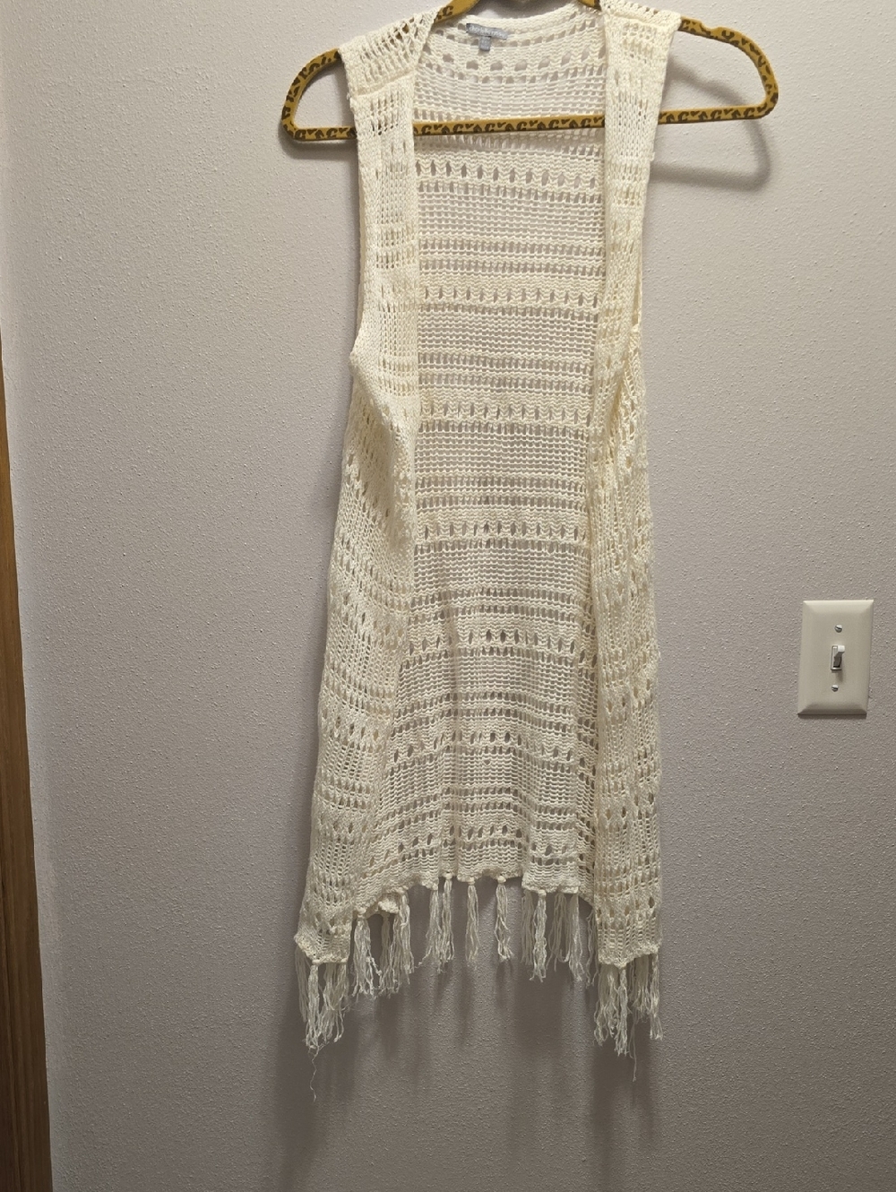 Charlotte Russe Open Crochet Fringe Vest in Cream
